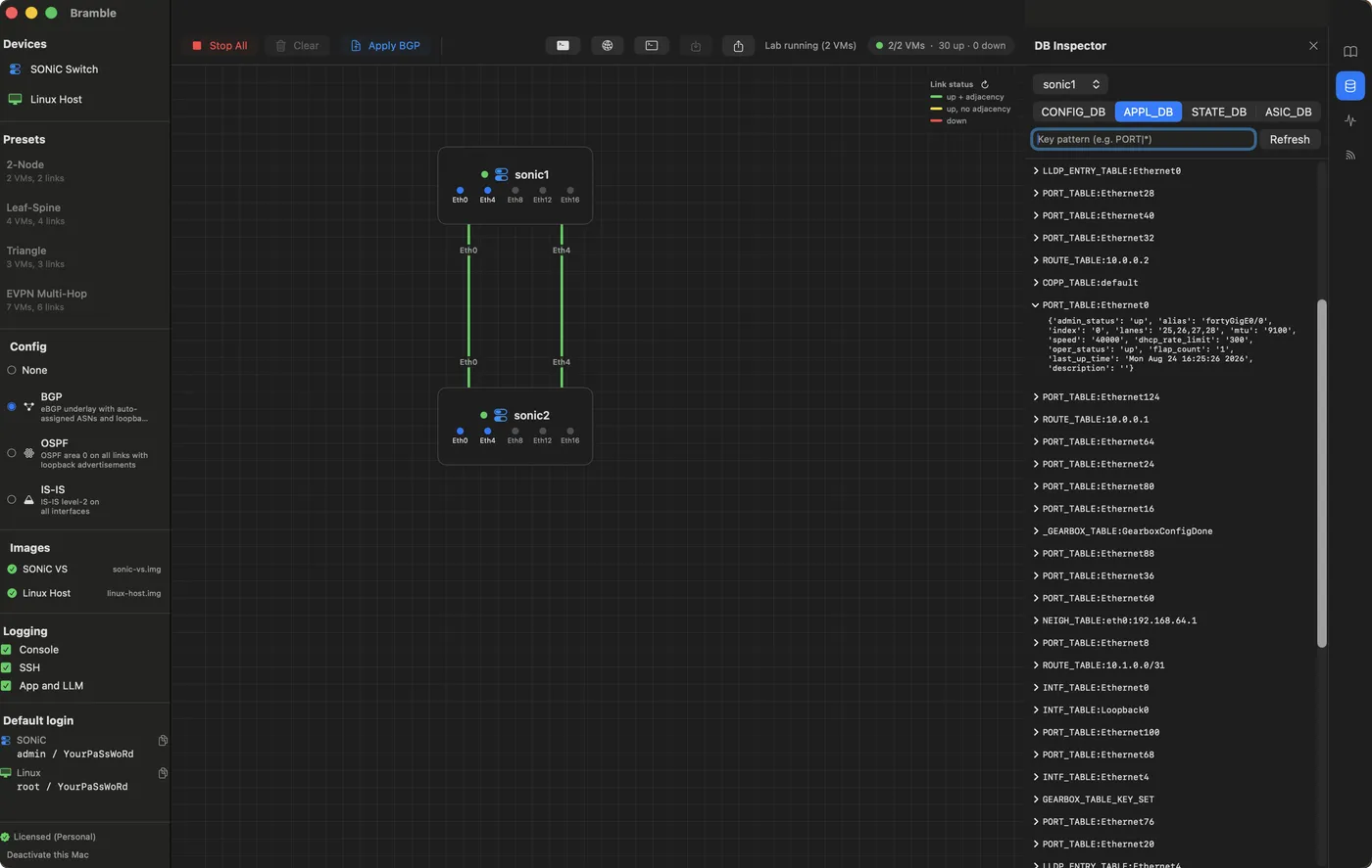 The DB Inspector querying APPL_DB on a running switch, with PORT_TABLE keys listed and one port's attributes expanded