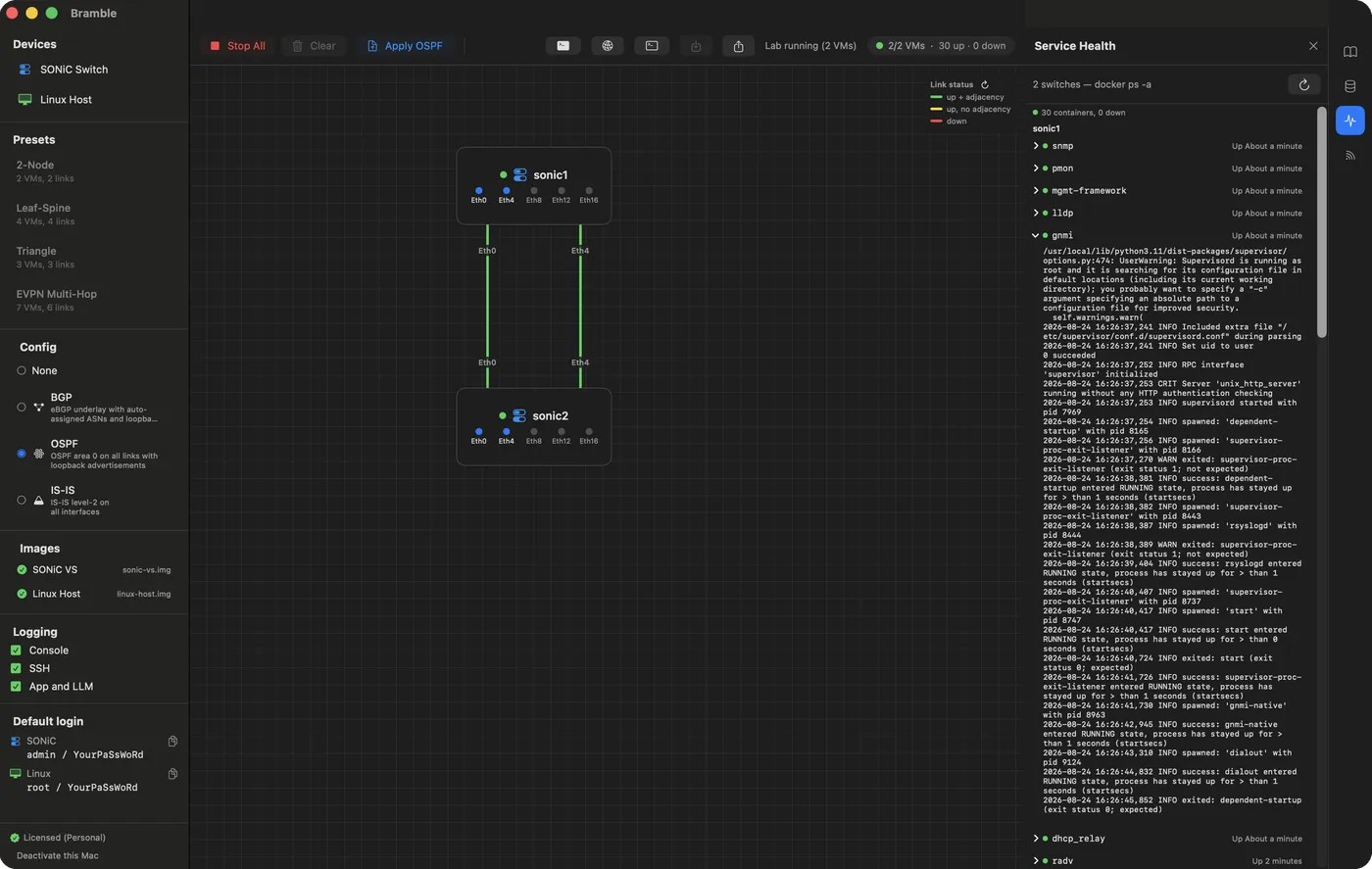 The Service Health panel listing the SONiC containers running on each switch, with the gnmi container's log expanded