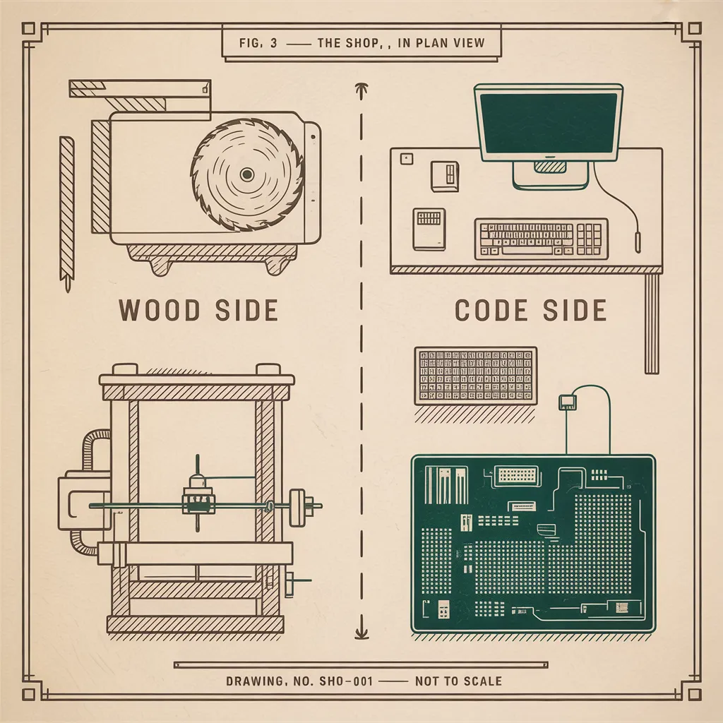Technical illustration of the shop — wood side and code side